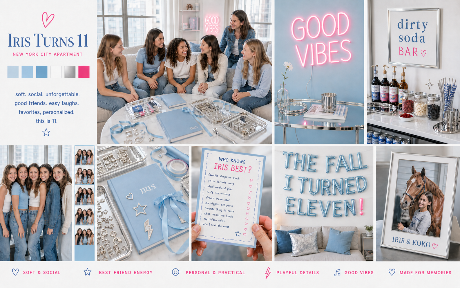 Downtown pop and music-editorial mood board for Iris’s apartment birthday